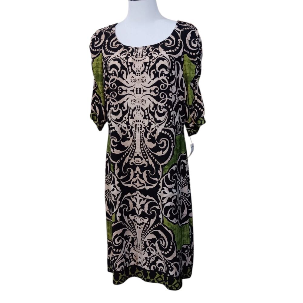 NEW DRESSBARN Dress 14 Stretchy Shirred 3/4 Sleeves Colorful Career Office Event